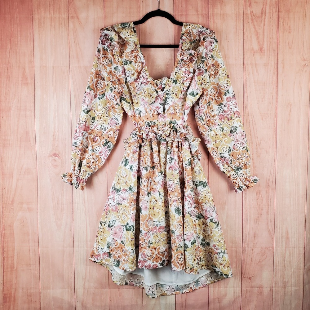 En Saison Presley Mini Dress Womens Small Multicolor Floral Ruffle Tie Back